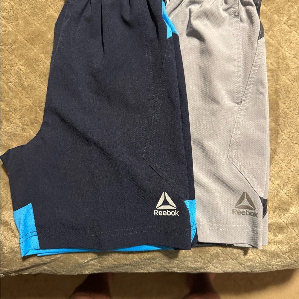 NWOT Reebok Athletic Shorts S-6/7 Blue/blk & Gray/blk Moisture-Wicking Design